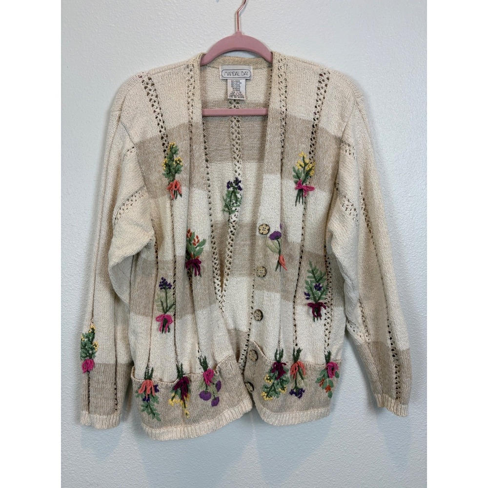 Mandal Bay Women L Cardigan Floral Embroidered Ramie Cotton Cottagecore Vintage